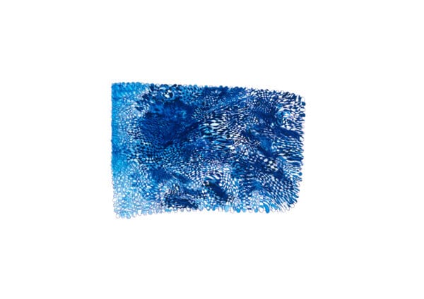 Abstract artwork featuring a dense network of intersecting blue pen lines layered over blue watercolor washes, with a warped checkerboard motif and scalloped edges.