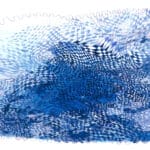 An abstract artwork featuring a dense network of intersecting blue pen lines layered over blue watercolor washes, with a warped checkerboard motif and scalloped edges.