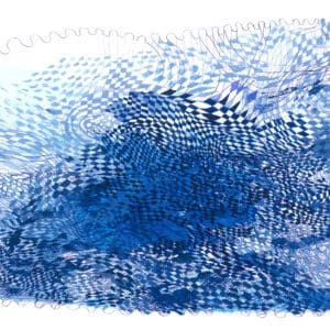 An abstract artwork featuring a dense network of intersecting blue pen lines layered over blue watercolor washes, with a warped checkerboard motif and scalloped edges.