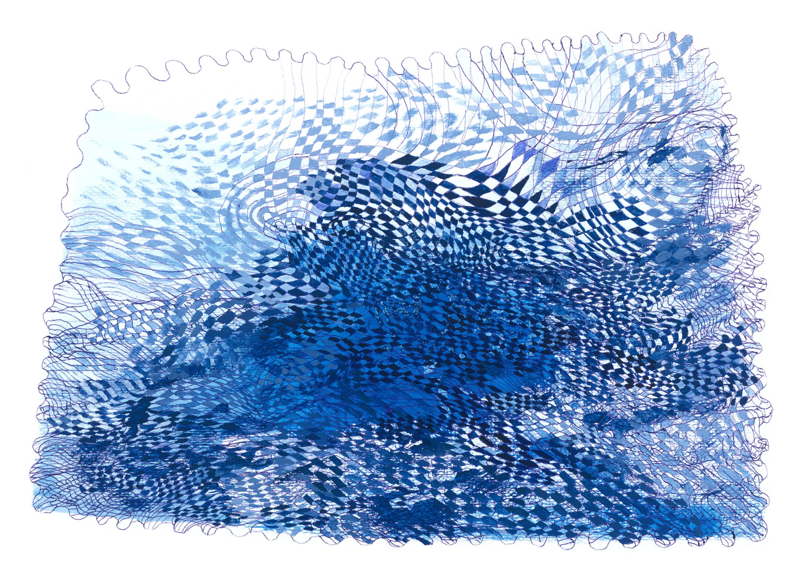 An abstract artwork featuring a dense network of intersecting blue pen lines layered over blue watercolor washes, with a warped checkerboard motif and scalloped edges.
