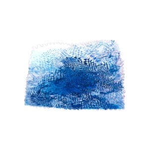 An abstract artwork featuring a dense network of intersecting blue pen lines layered over blue watercolor washes, with a warped checkerboard motif and scalloped edges.