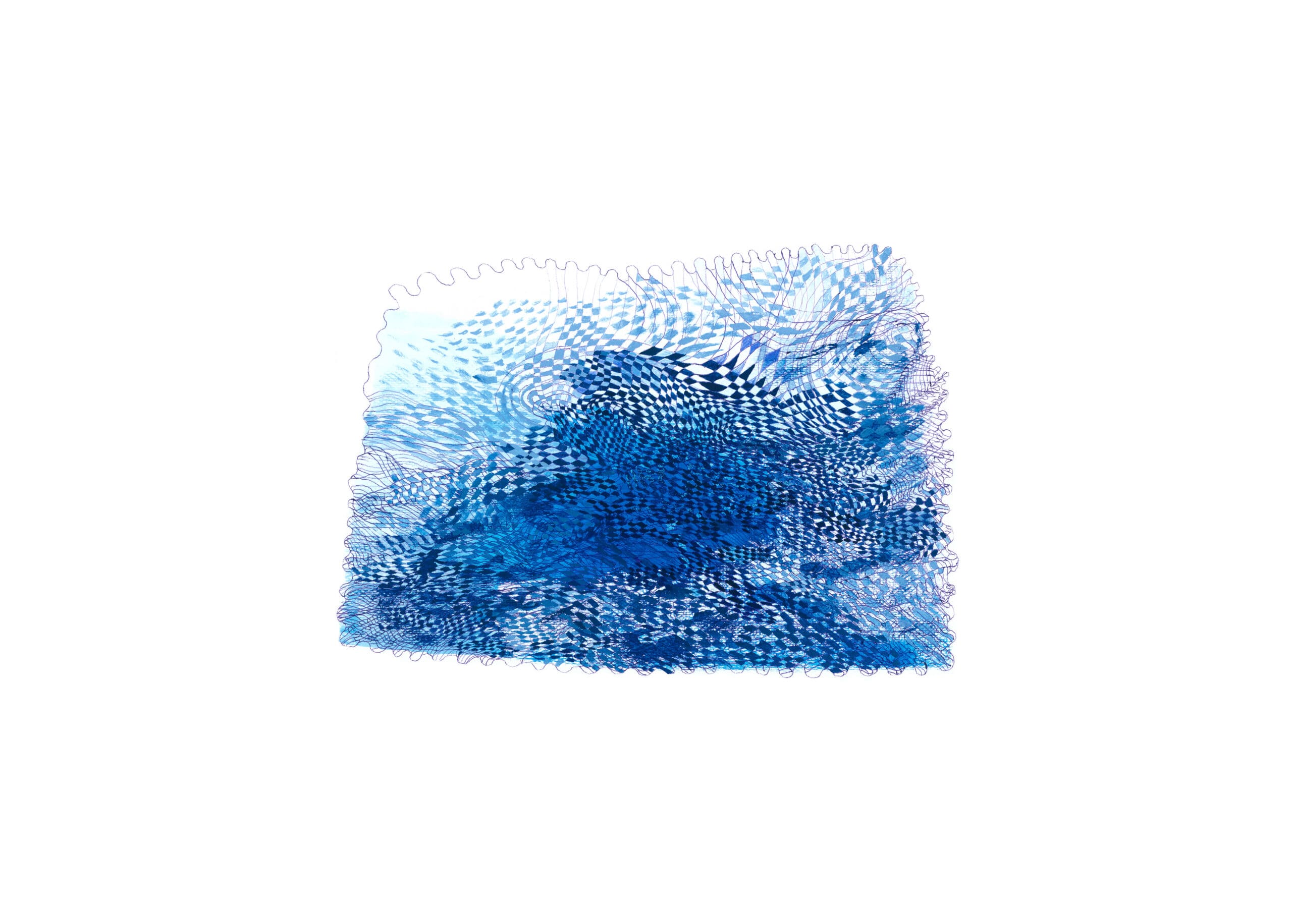 An abstract artwork featuring a dense network of intersecting blue pen lines layered over blue watercolor washes, with a warped checkerboard motif and scalloped edges.
