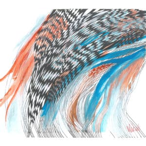 Original abstract mixed-media artwork with dense black pen intersecting lines creating a woven pattern, paired with washes of cyan blue and rust-orange watercolor on watercolor paper