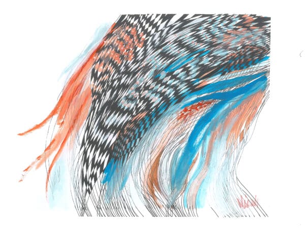 Original abstract mixed-media artwork with dense black pen intersecting lines creating a woven pattern, paired with washes of cyan blue and rust-orange watercolor on watercolor paper