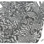 Abstract original pen artwork with sweeping ink lines on white watercolor paper.