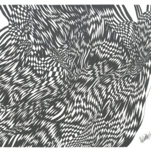 Abstract original pen artwork with sweeping ink lines on white watercolor paper.