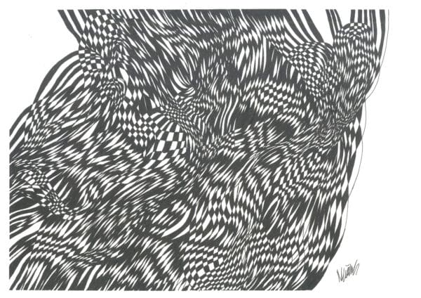 Abstract original pen artwork with sweeping ink lines on white watercolor paper.