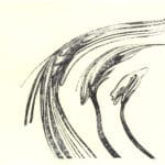 Abstract original pen artwork with three sweeping organic forms and hatched shading on cream A3 art paper.