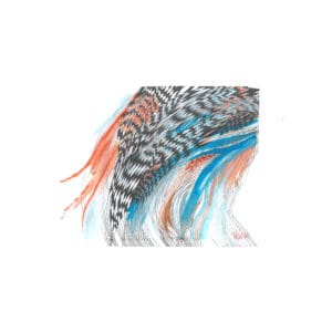 Original abstract mixed-media artwork with dense black pen intersecting lines creating a woven pattern, paired with washes of cyan blue and rust-orange watercolor on watercolor paper
