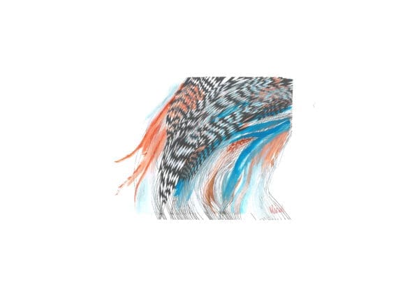 Original abstract mixed-media artwork with dense black pen intersecting lines creating a woven pattern, paired with washes of cyan blue and rust-orange watercolor on watercolor paper