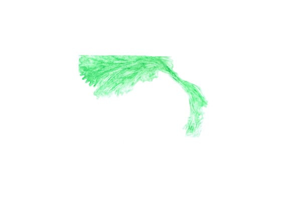 Abstract original green pen artwork with sweeping hatched strokes on textured white A4 drawing paper.