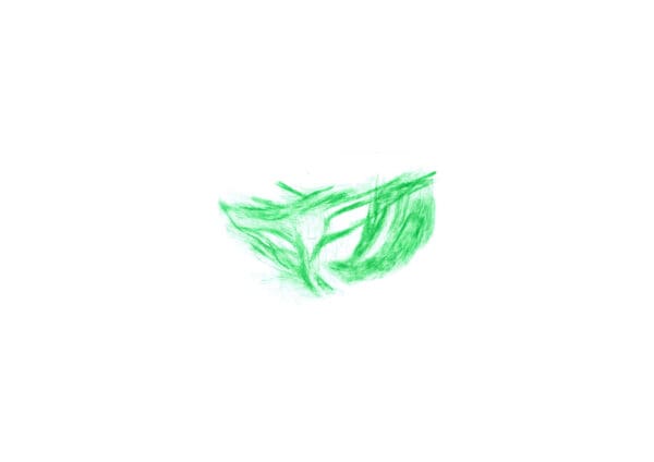 Abstract green pen drawing with overlapping hatched strokes fanning outward on white paper.