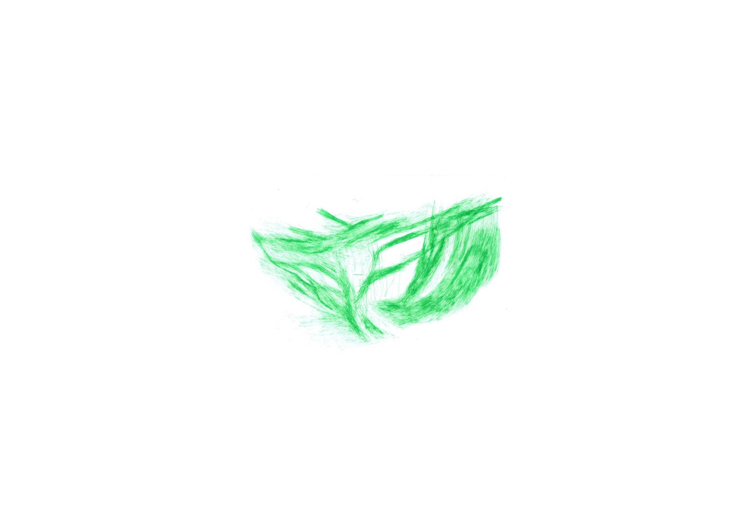 Abstract green pen drawing with overlapping hatched strokes fanning outward on white paper.
