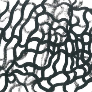 Abstract monochrome artwork on white paper consisting of thick, wavy, interlocking black acrylic ink lines forming an organic, labyrinth-like pattern.