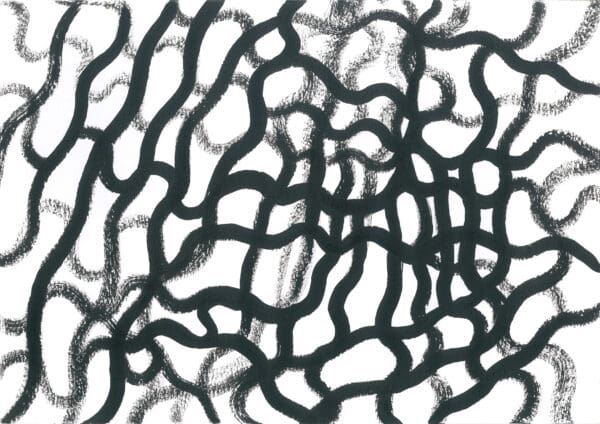 Abstract monochrome artwork on white paper consisting of thick, wavy, interlocking black acrylic ink lines forming an organic, labyrinth-like pattern.