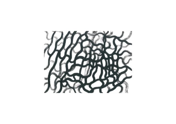 Abstract monochrome artwork on white paper consisting of thick, wavy, interlocking black acrylic ink lines forming an organic, labyrinth-like pattern.