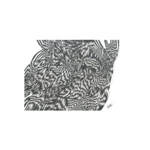 Abstract original pen artwork with sweeping ink lines on white drawing paper.