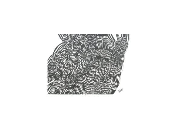 Abstract original pen artwork with sweeping ink lines on white drawing paper.