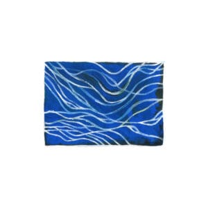 Abstract original gouache artwork on canvas with flowing white and light blue wavy lines over a deep blue background.