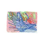 Abstract original mixed-media postcard artwork with blue marker lines, red and green lines, and clusters of red dots.