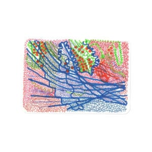 Abstract original mixed-media postcard artwork with blue marker lines, red and green lines, and clusters of red dots.