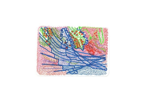 Abstract original mixed-media postcard artwork with blue marker lines, red and green lines, and clusters of red dots.