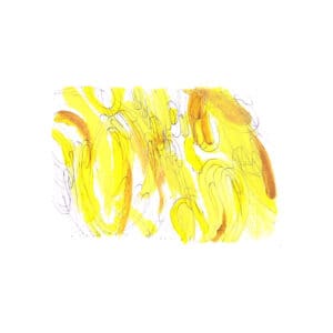 Abstract original gouache, watercolor and pen artwork with broad yellow and ochre washes and looping black lines on a watercolor postcard.