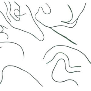 Abstract archival print with wavy black ink lines forming organic loops on a white background.