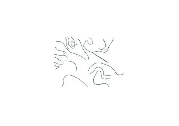 Abstract archival print with wavy black ink lines forming organic loops on a white background.