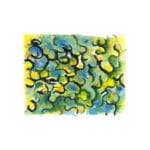 Abstract original mixed-media artwork on canvas with wavy black ink lines enclosing soft washes of yellow, green, and blue