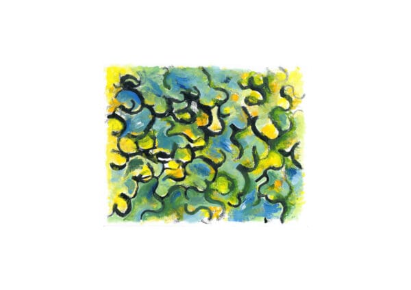 Abstract original mixed-media artwork on canvas with wavy black ink lines enclosing soft washes of yellow, green, and blue