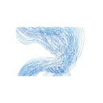 Abstract original blue pen artwork with sweeping organic lines and a small checkerboard pattern on a white watercolor postcard.