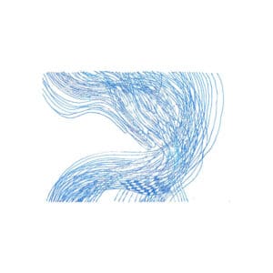 Abstract original blue pen artwork with sweeping organic lines and a small checkerboard pattern on a white watercolor postcard.