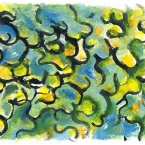 Abstract original mixed-media artwork on canvas with wavy black ink lines enclosing soft washes of yellow, green, and blue