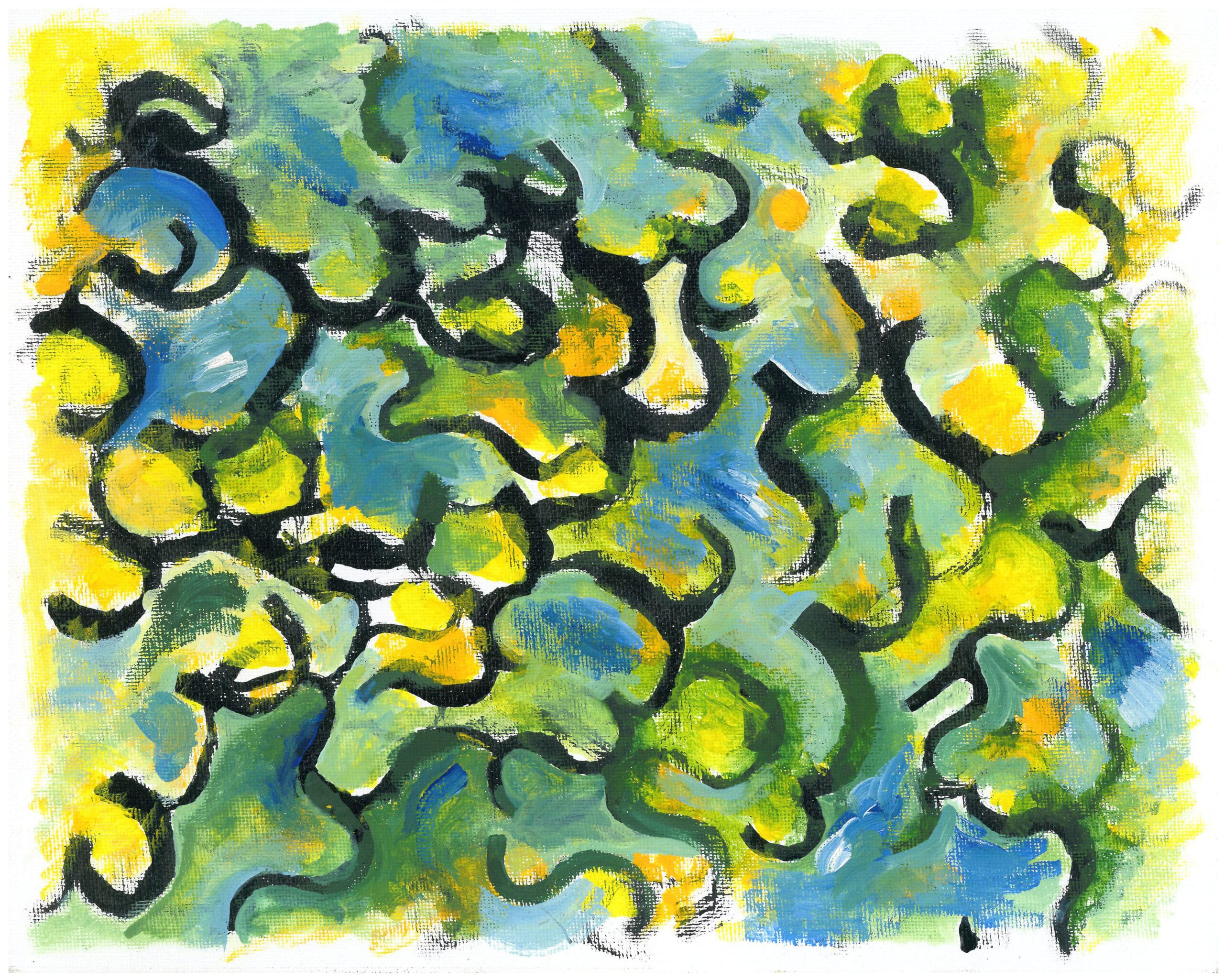 Abstract original mixed-media artwork on canvas with wavy black ink lines enclosing soft washes of yellow, green, and blue