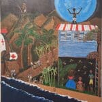 This painting compresses five centuries of Caribbean history into a single shore — the bay of Samaná, in the Dominican Republic, where European ships first reached the land and where the artist's father was born.