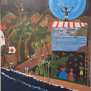 This painting compresses five centuries of Caribbean history into a single shore — the bay of Samaná, in the Dominican Republic, where European ships first reached the land and where the artist's father was born.