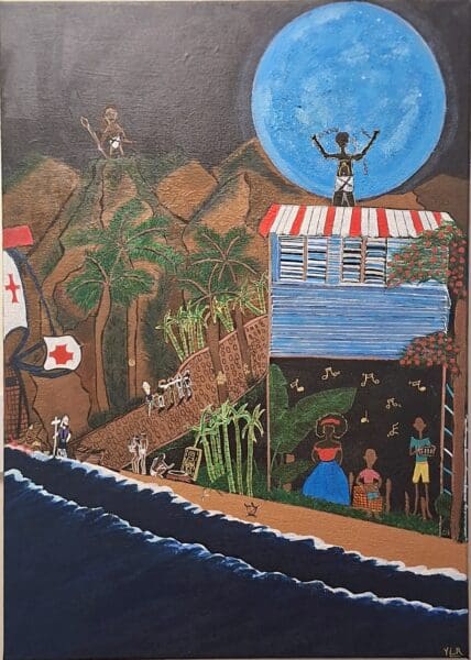 This painting compresses five centuries of Caribbean history into a single shore — the bay of Samaná, in the Dominican Republic, where European ships first reached the land and where the artist's father was born.