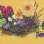 A colourful bouquet of flowers, including yellow daffodils, purple crocuses, red tulips, white snowdrops, and green foliage, arranged on a yellow background with soft painted texture.