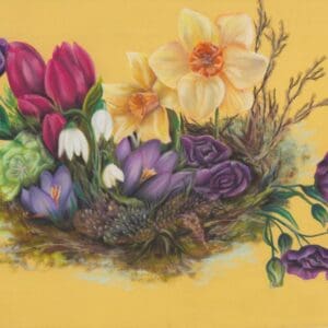 A colourful bouquet of flowers, including yellow daffodils, purple crocuses, red tulips, white snowdrops, and green foliage, arranged on a yellow background with soft painted texture.