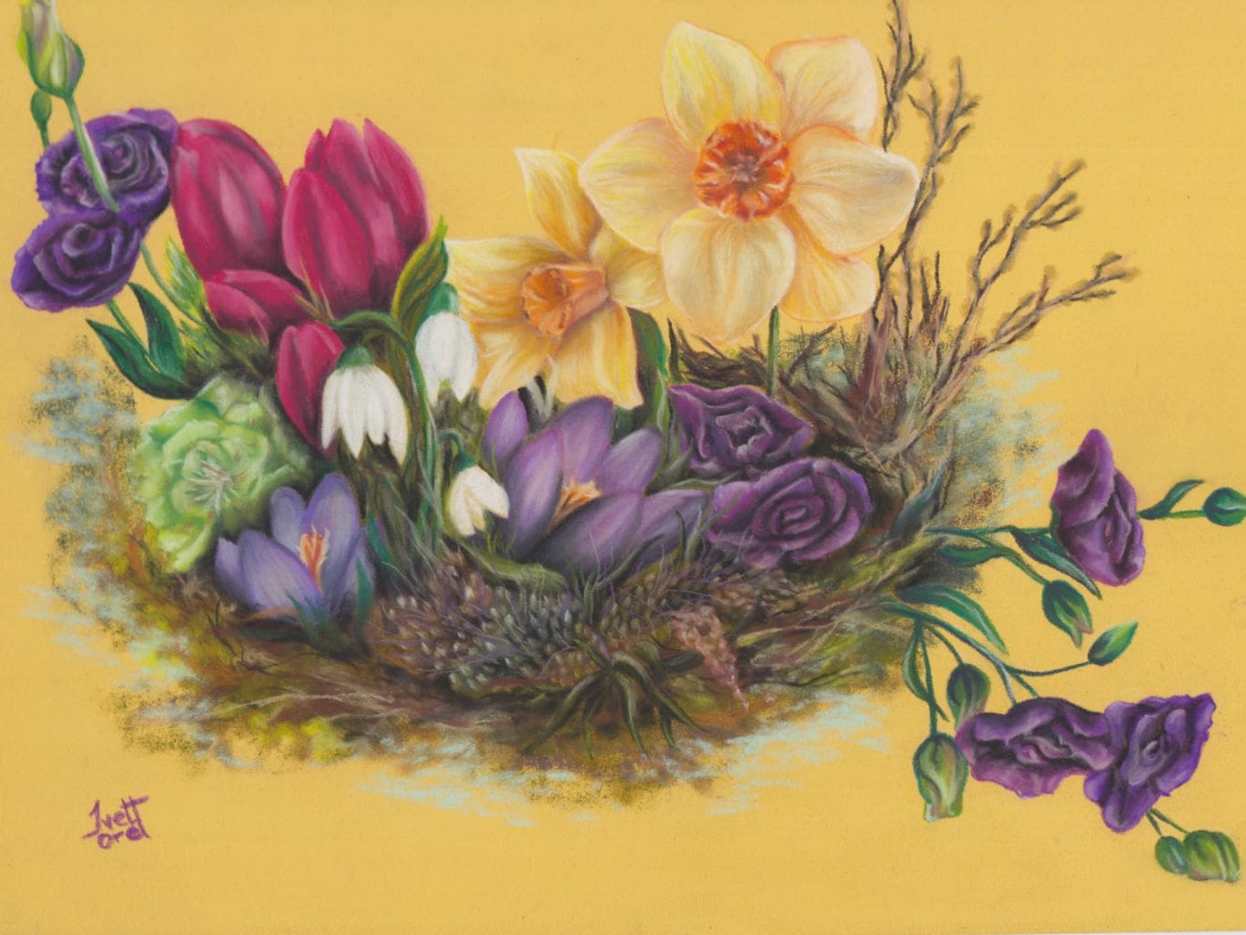 A colourful bouquet of flowers, including yellow daffodils, purple crocuses, red tulips, white snowdrops, and green foliage, arranged on a yellow background with soft painted texture.