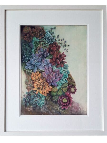 A framed painting of colourful succulents in shades of purple, red, yellow, and green, clustered together on a textured surface with a light background.