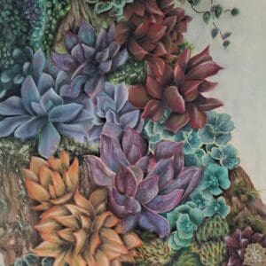 A framed painting of colourful succulents in shades of purple, red, yellow, and green, clustered together on a textured surface with a light background.