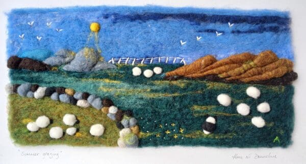 Nestled between the hills, sheep graze among fields divided by old stone walls. Needle felted using carded wool from Kerry Woollen Mills.