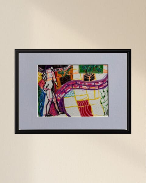 Original Irish Drawing - Irish Art Figurative Art - Strolling On My Patio A4 Mounted