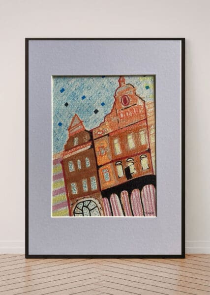 Original Irish Drawing - Irish Art -Dublin - Afternoon on Dawson A4 Mounted