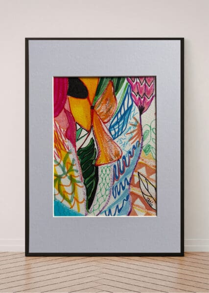 Original Irish Drawing - Irish Art - Floral, Fauvist - Floral Note A4 Mounted