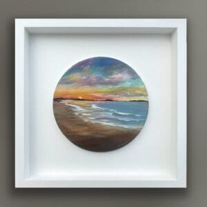 Saffron Serenade small original Irish seascape in a white frame by Helen Condon