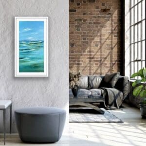 Beyond the Shore seascape painting displayed in a modern room