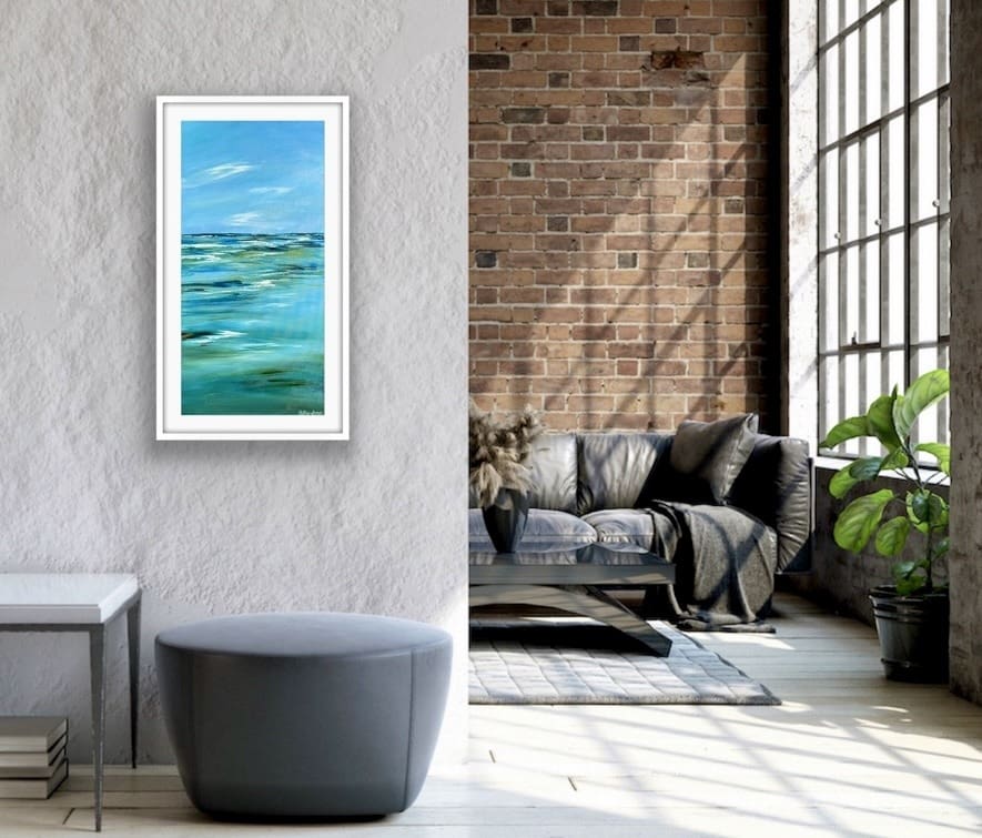 Beyond the Shore seascape painting displayed in a modern room